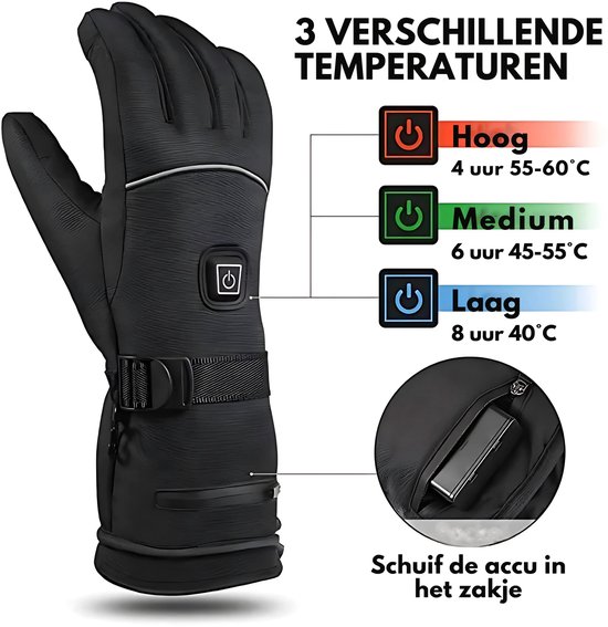 Zwarte verwarmde handschoen met een gedetailleerde uitleg van de drie temperatuurstanden en accu-indicatoren.
