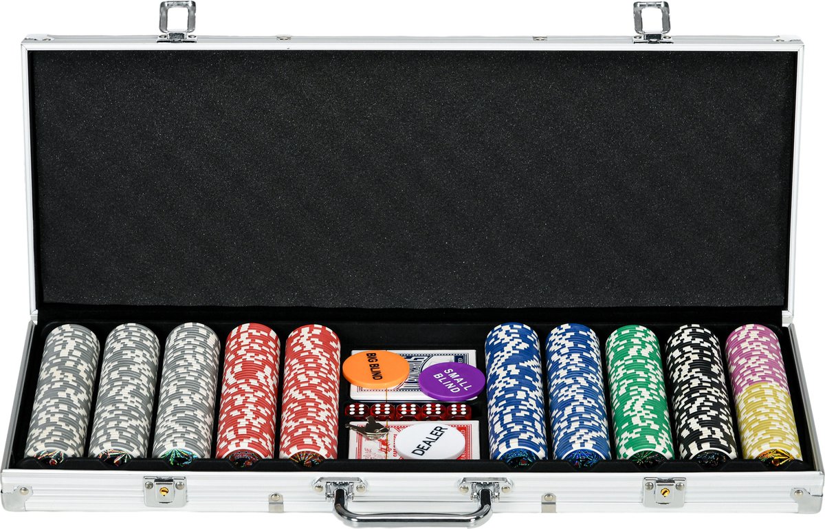 SPORTNOW Pokerset met Slot - 500 Pokerchips 11,5 Gram - 2 Pokerdecks - 5 Dobbelstenen - 1 Dealer Button - 1 Small Blind - 1 Big Blind - Zilver