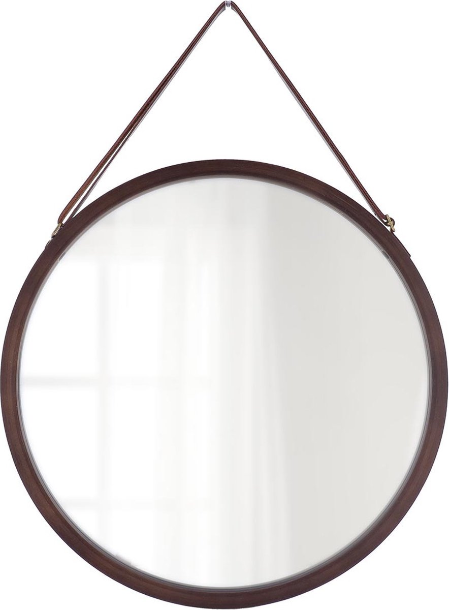 Tendance Wandspiegel aan ophangkoord - rond - bamboe - frame kleur donkerbruin - 38 x 38 cm