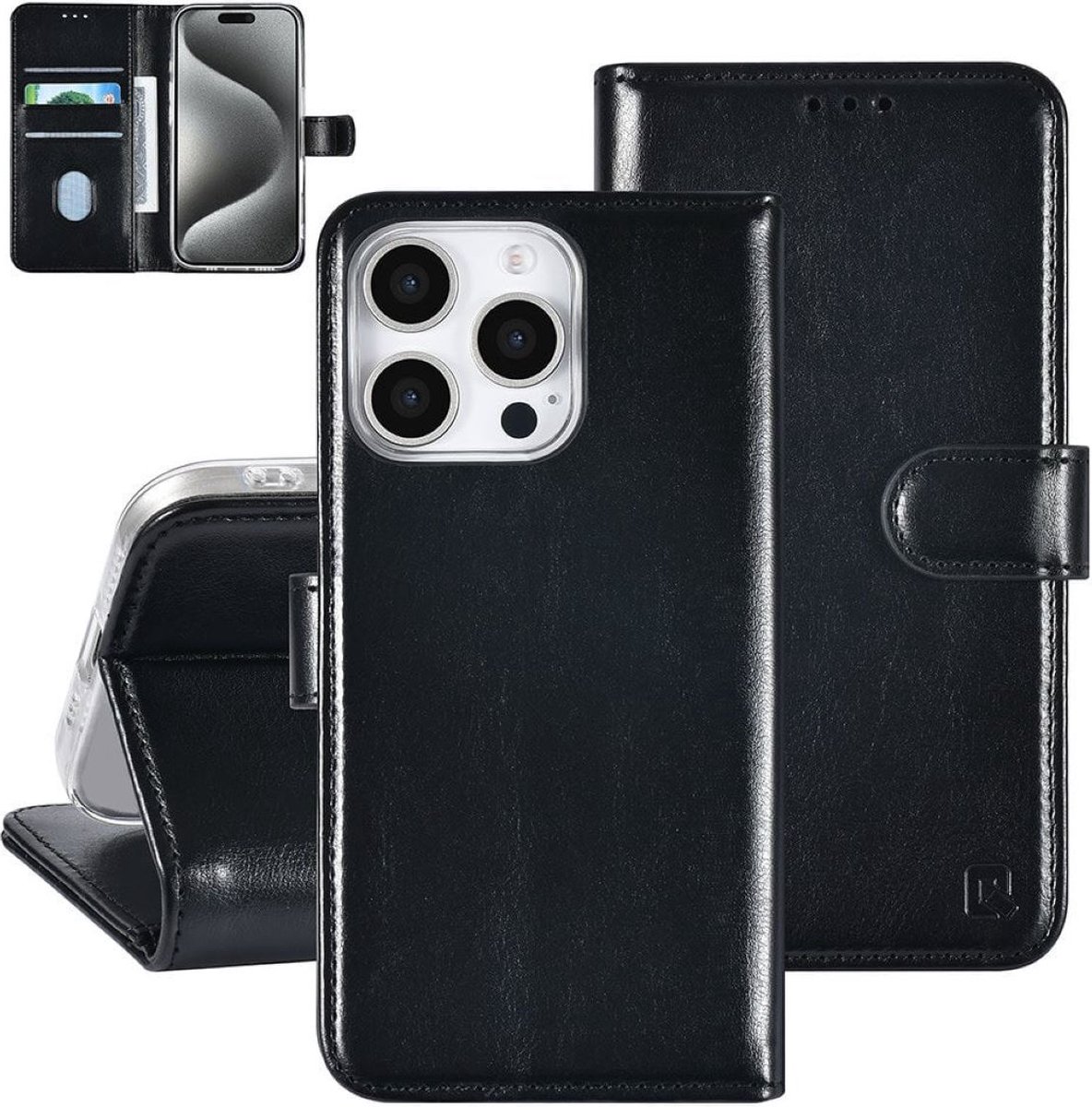 Multimedia & Accessories PU Leather Book Case Case suitable for Apple iPhone 16 Pro - Black - Wallet - With Stand - Card Holder - Card Holder - 3 Cards - Magnet Closure - Bookcase