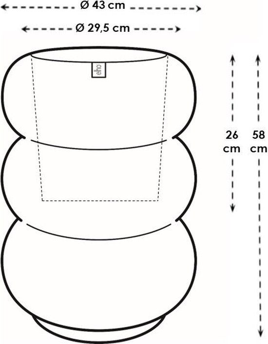 Diagram van een lichtbruine plantenbak met gestapeld design, met afmetingen in cm.