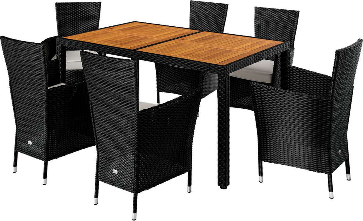 Casaria Tuinset - Tafel Acacia Polyrattan 150x90cm 6 Stoelen - Zwart