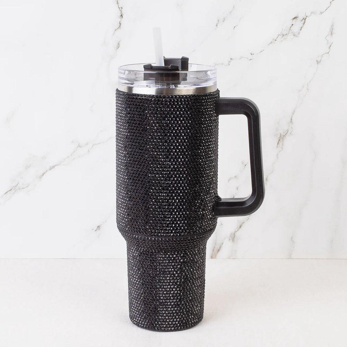 Drinkbeker Black Glitter Tumbler - 1.2 liter - met rietje - RVS