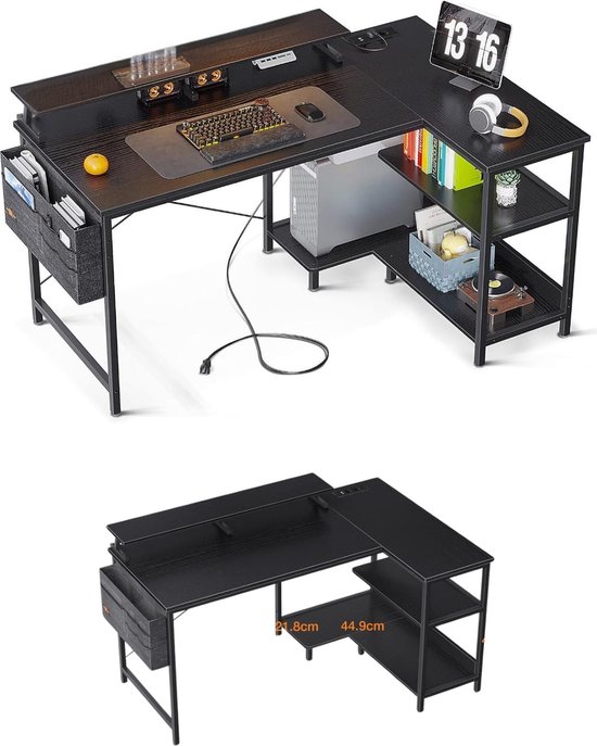 hoekbureau-L-vorm-120 x 80 x 88 cm-USB-oplaadpoort en stopcontact -gaming met rek-omkeerbaar-monitorrek voor kantoor-zwart'