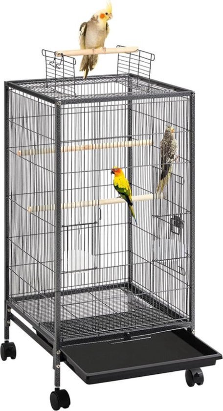Papegaaienkooi – 3-IN-1 - Parkietenkooi Op Voet & Wieltjes – Grote Vogelkooi Voor Binnen – Vogelkooien – Vogel Speelgoed - Voliere – 45x45x100 Cm - Zwart