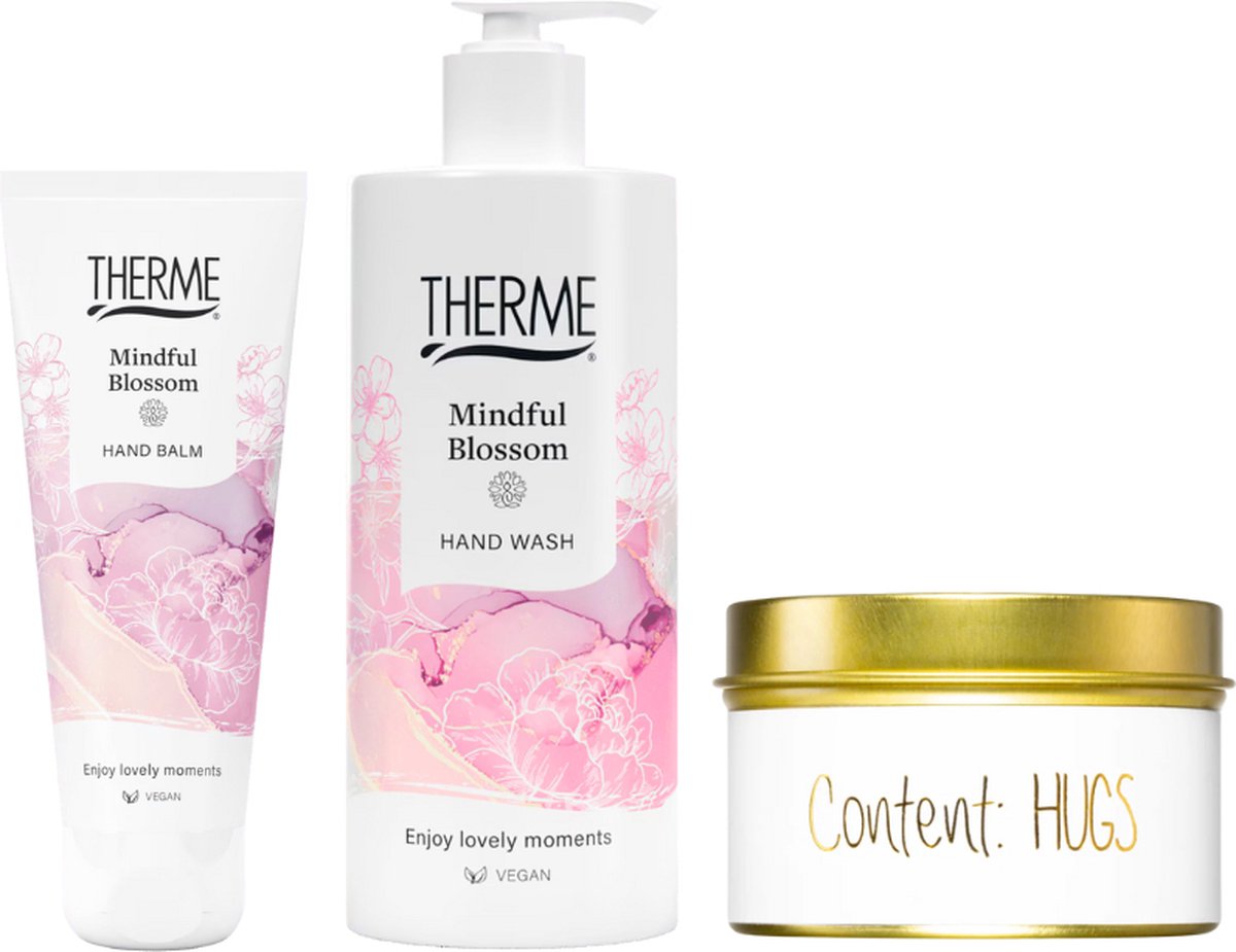 Goedkoopste Therme Cadeauset Handverzorging Mindfull Blossom - Therme Hand Wash 300 ml Mindful Blossom - Therme Hand Balm 75ml Mindful Blossom - My Flame Kaars Blikje Content Hugs