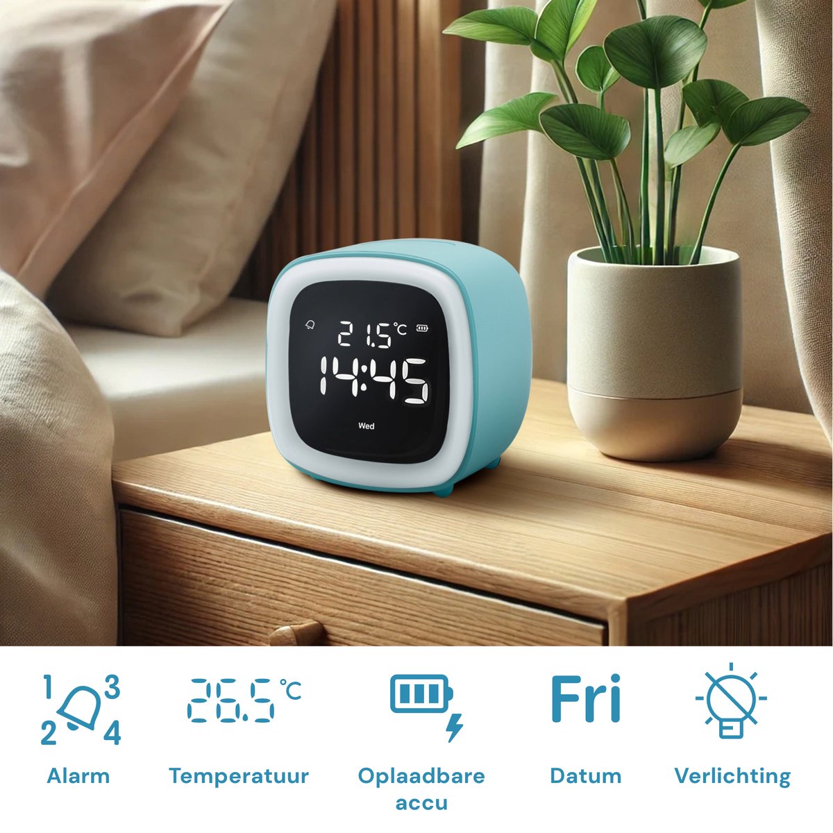 JustAnotherProduct AP18 - Oplaadbare digitale wekker met licht (3 standen) - Alarm klok met temperatuur (15.5°C tot 50°C) - 12/24h Alarm clock - Nachtlamp - Licht blauw — cadeau in Gadgets - foto 2