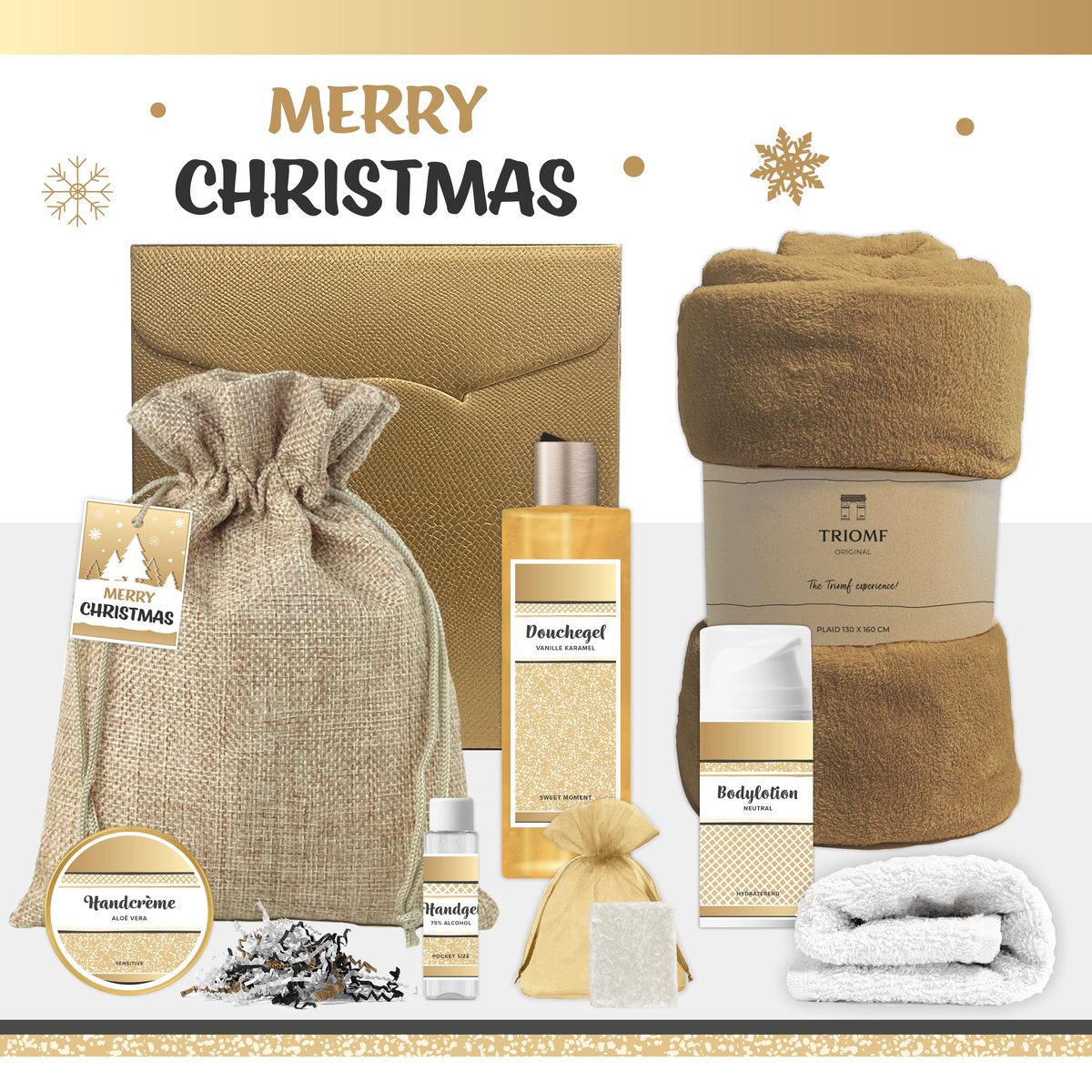 Goedkoopste Geschenkset “Merry Christmas!” - 8 producten - 1090 gram | Luxe Kerst Cadeaubox voor haar - Wellness Pakket Vrouw - Giftset Fijne Feestdagen - Cadeaupakket Prettige Kerstdagen - Kerstcadeau Kerstpakket Bedrijf - Relatiegeschenk Cadeau - Gift goud