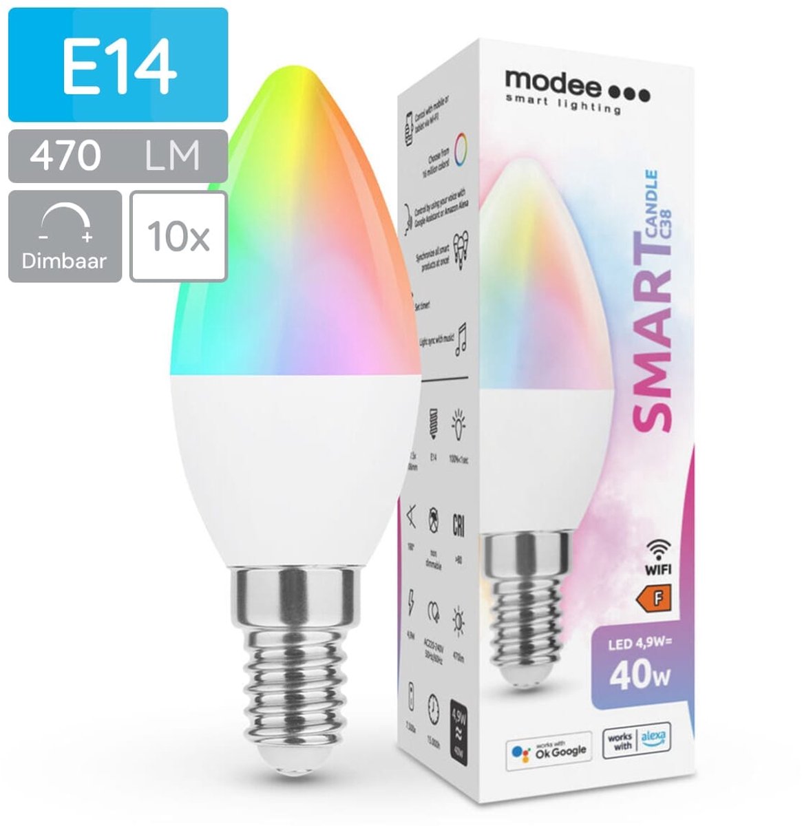 Modee Smart E14 Led Lamp - 4.9 W - Slimme Lamp - App Bediening - RGB en Neutraal Wit - B35 Kaarslamp - 10 Stuks