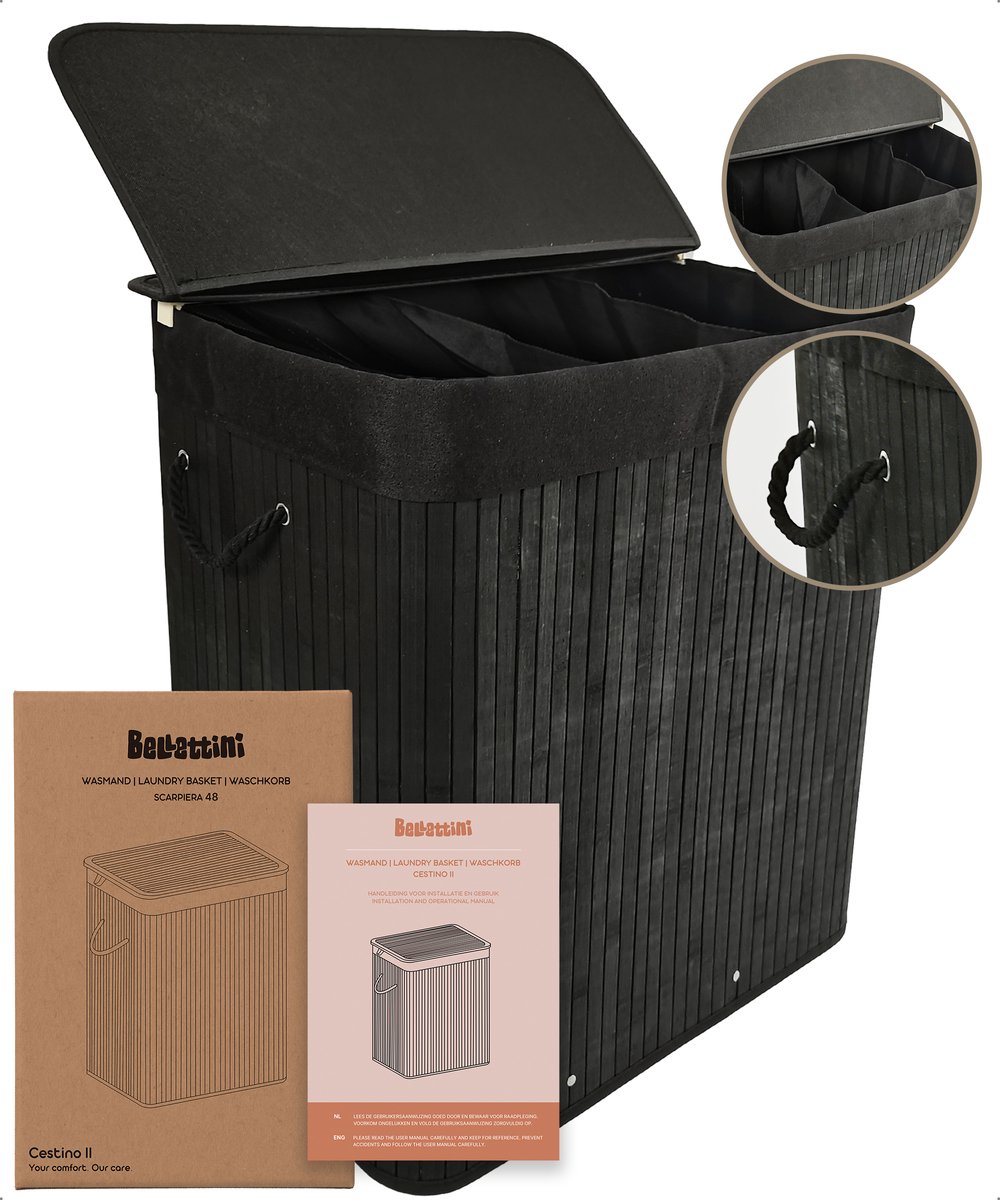 Goedkoopste Bellettini® Bamboe Wasmand met Deksel - 3 Compartimenten Wassorteerder - 155 Liter - Zwart