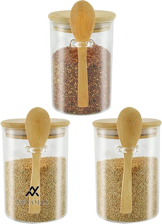 3 Glazen Voorraadpotten Met Bamboe Deksel - Luchtdicht, 1100/800/500 Ml, Transparant