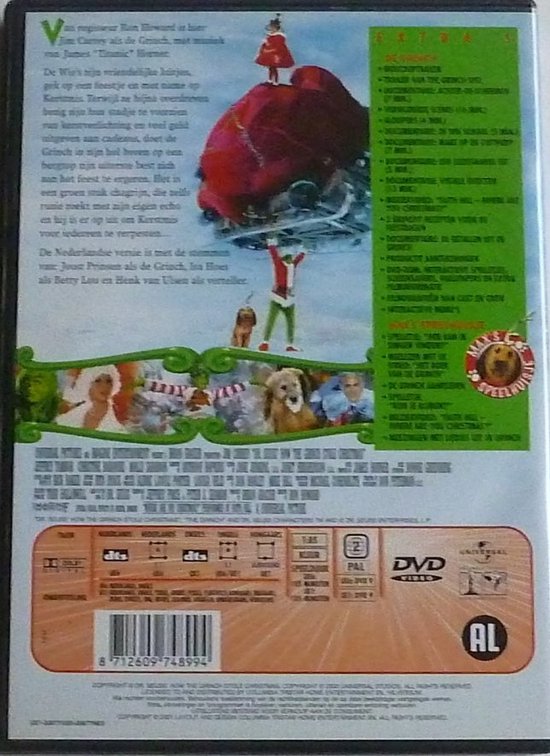 Achterkant van de Grinch DVD-hoes met Jim Carrey, beschrijving en extra informatie.