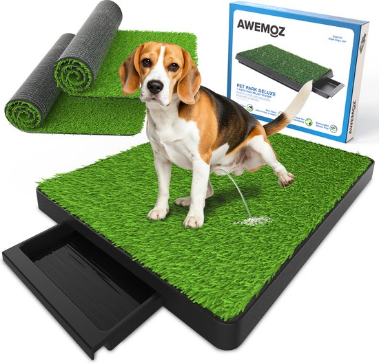 AWEMOZ Hondentoilet Kunstgras - met 2 Matten en Opvangbak - 64x52x7,5cm - Puppy Pads - Zindelijkheidstraining Hond - Training Pads - Indoor / Outdoor Honden Toilet