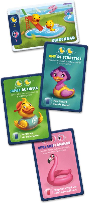 Kaarten van het spel Duck & Dive: zwembad, Amy, James en flamingo.