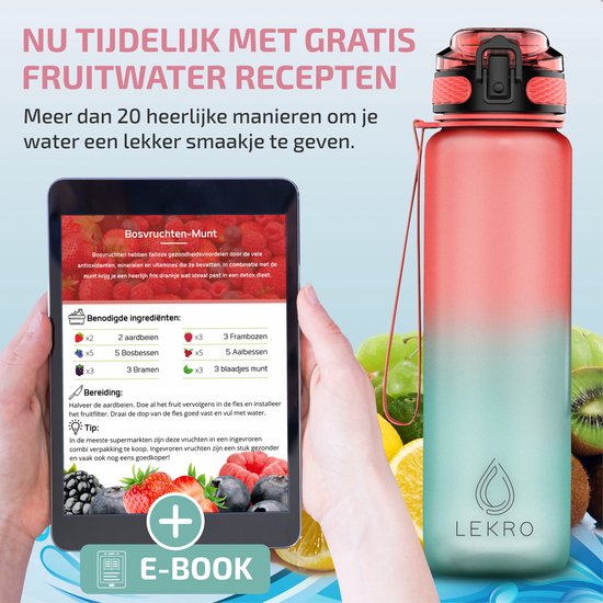 Roze en blauwe Lekro waterfles met fruitfilter, naast een tablet waarop recepten voor fruitwater staan.