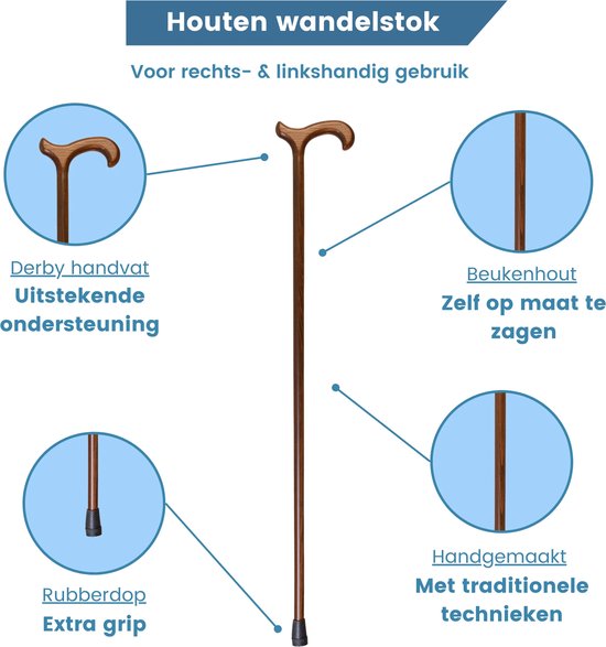 Houten wandelstok met derby handvat, beukenhout, rubberen dop, handgemaakt.