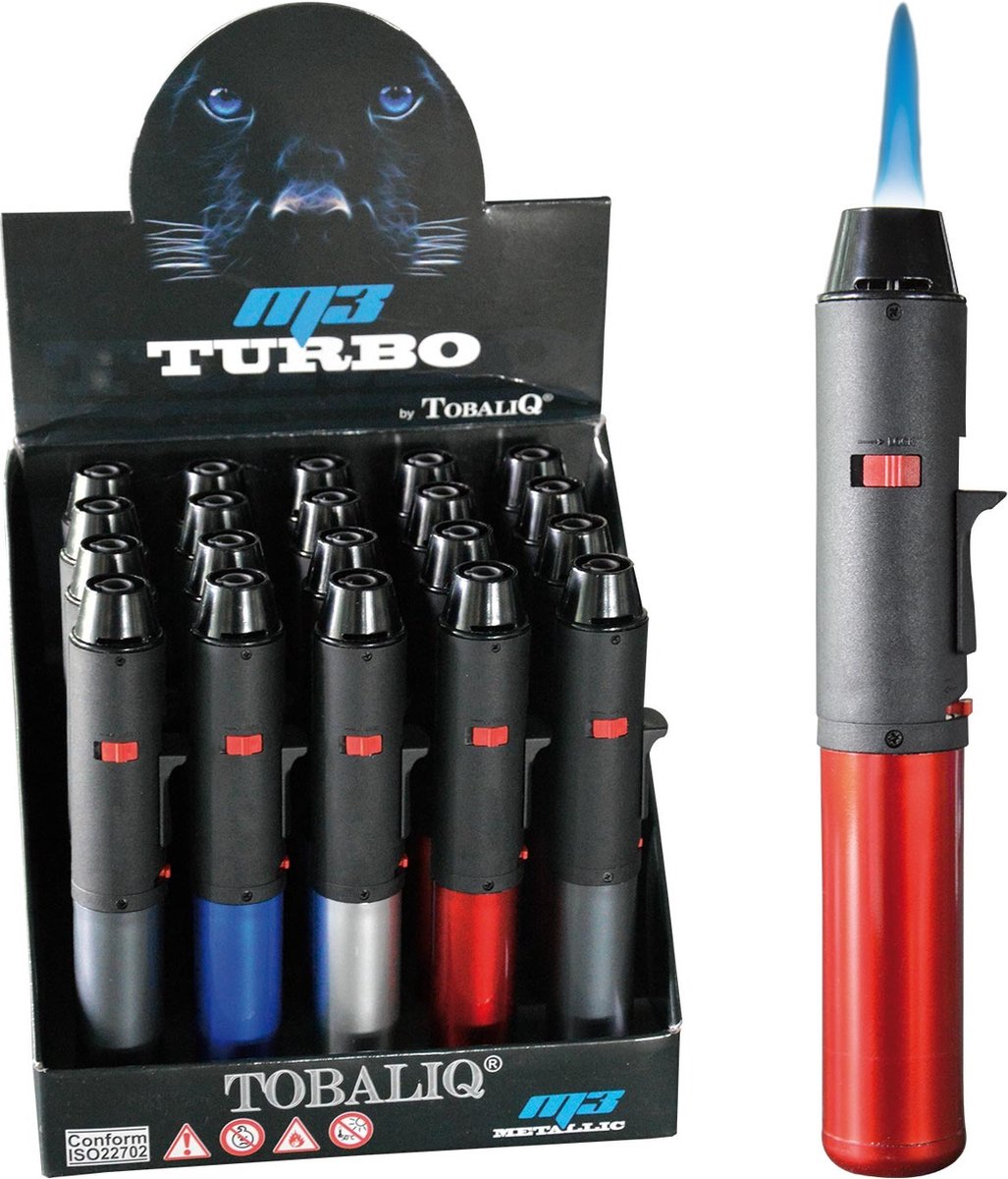Goedkoopste Tobaliq - Hervulbare Aansteker - Vuurwerk Aansteker - Gasbrander - Gasaansteker - BBQ - Windproof - Zwart - M3 Turbo Metallic - Display van 20 Stuks