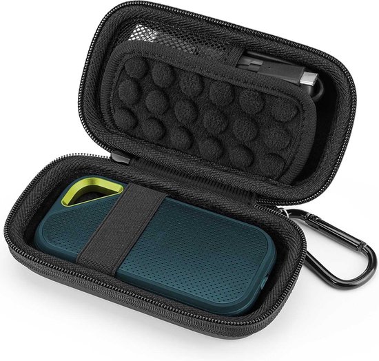Hard Case Draagtas - Geschikt voor SanDisk Extreme Pro / SanDisk Extreme Portable SSD - Externe SSD -Harde Schijf Opbergdoos - Beschermhoes - Schokbestendig - Waterdicht - Inclusief Karabiner - Voor Kabels en SSD Opslag
