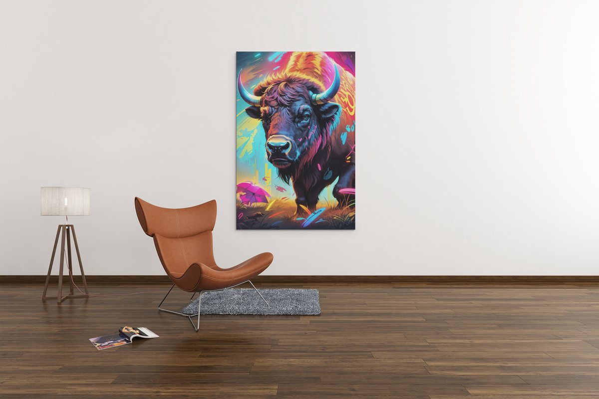 Trendex Global Canvas Schilderij - Dieren - Bizon - Kleurrijk -150x100x2 cm