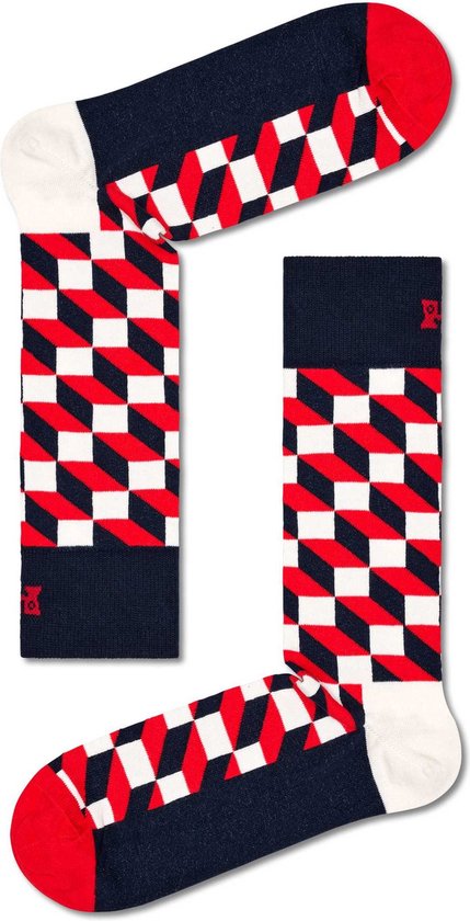 Twee Happy Socks met een 3D-ruitpatroon in rood, wit en marineblauw. Tekst 'HAPPY'.