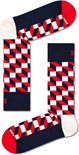 Twee Happy Socks met een 3D-ruitpatroon in rood, wit en marineblauw. Tekst 'HAPPY'.