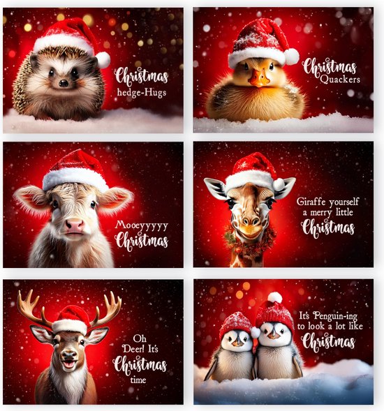 LMWK033 - 12 kerstkaarten met envelop - Set Kerstkaarten - Kerstkaarten met blanco binnenzijde- Dubbele kerstkaarten - 12 kaarten - Kerstkaarten met dieren - kerstkaart