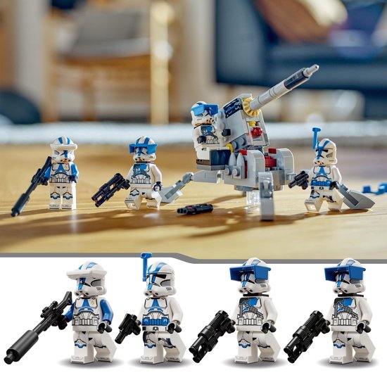 LEGO Star Wars 501st Clone Troopers Battle Pack: witte en blauwe clone troopers met blasterwapens en een kanon.