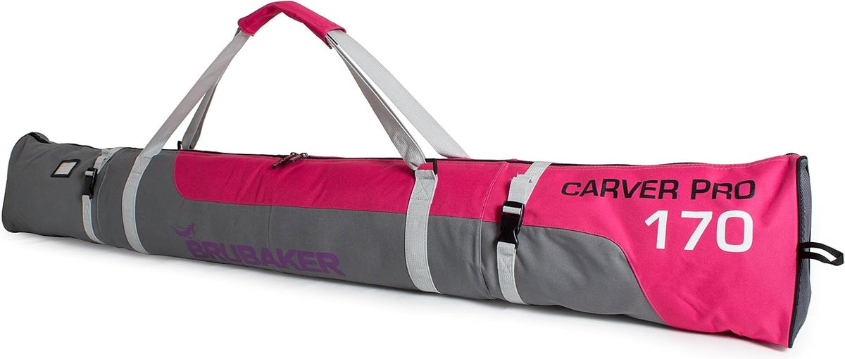 BRUBAKER Carver Pro Limited Edition Grijs Skitas - Voor 1 paar Ski's & Stokken - Gevoerd - Zware Kwaliteit - Scheurvast - Skihoes - Verstelbare draag/schouderbanden - Roze - 170cm
