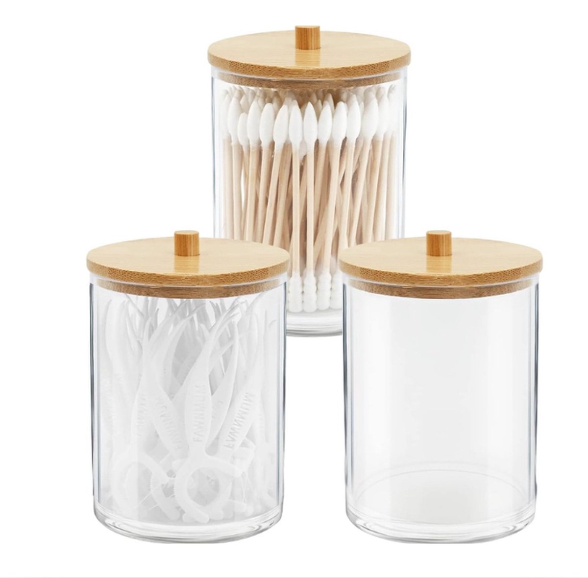 Goedkoopste 3 stuks acryl Qtip-houders met bamboe deksels, badkamercontainers, blikjes, dispensers, wattenstaafjes voor badkameropslag, organizer