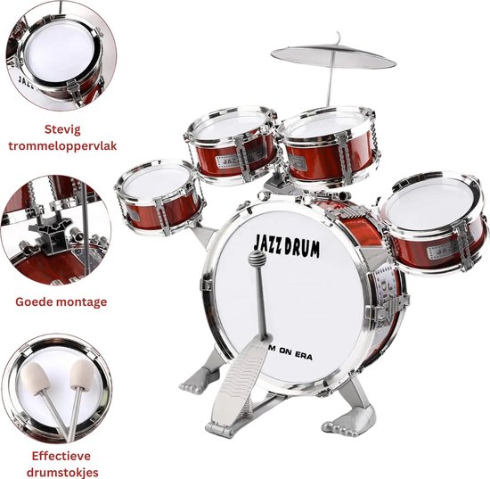 Playos® - Drumstel - Rood 2.0 - Inclusief Kruk - 67 cm - met Lichteffecten - Peuters en Kleuters - Kinderen - Muzikaal Speelgoed - Drumset - Jongens en Meisjes