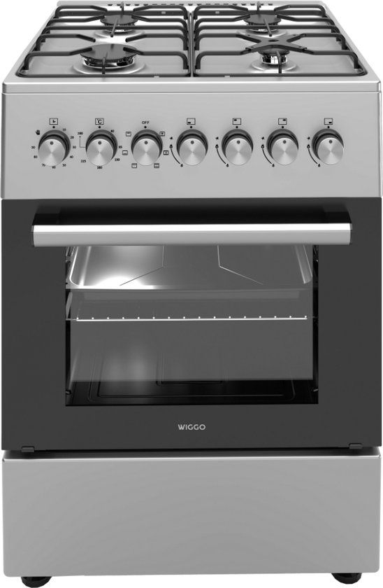 Wiggo - WO-E606A(XX) - Pose libre - Cuisinière à gaz - 60 cm - 66 litres - 4 brûleurs - Classe énergétique B - Garantie 5 ans - Acier inoxydable
