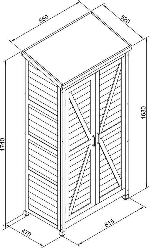 Technische tekening van een houten berging met schuin dak en afmetingen.