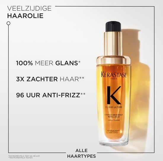 Kérastase Elixir Ultime L'Huile Originale Navulbare Haarolie + Cadeau - Elixir Ultime Olie 75ml + Elixir Ultime 15ml Cadeau - Met Camelia & Arganolie, Voor Intense Voeding, Glans, Anti-frizz & Hittebescherming, Voor Elk Haartype