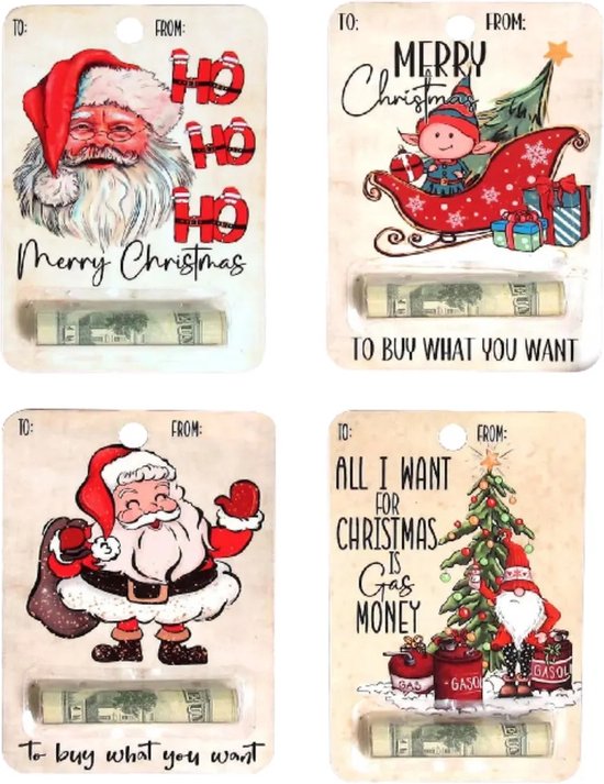 Vier kersthangers: met kerstman, elf en kabouter. Allemaal met de tekst "Merry Christmas" of "All I Want For Christmas Is Gas Money" en een geldrol.