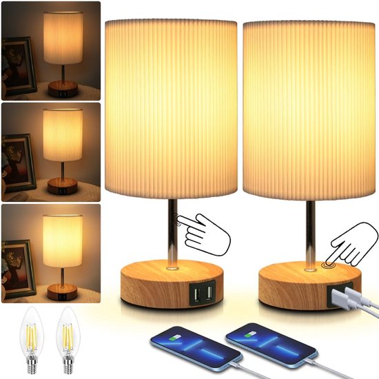 Set van 2 bedlampjes: tafellamp met touch-bediening, 2 USB-poorten en dimbare lamp met 3 helderheidsniveaus voor slaapkamer, woonkamer en kinderkamer.