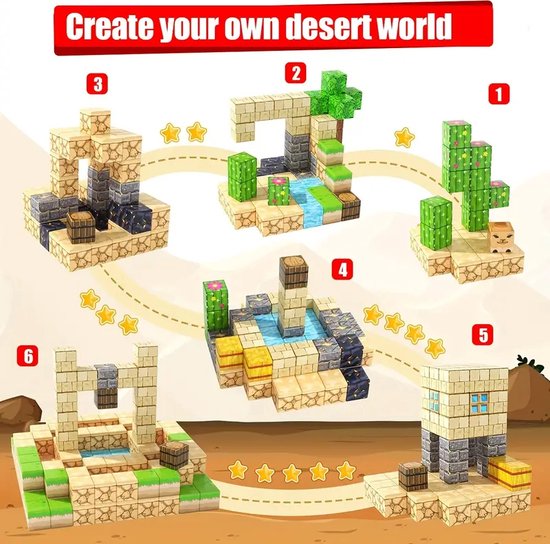 64-delige Magnetische Bouwblokken Set - Woestijnlandschap Bouwset - Magnetische Tegels voor Kinderen - Educatief STEM Speelgoed - ABS Materiaal - Geschikt voor Peuters en Kleuters - Perfect voor Kerst, Verjaardag en Cadeaus van $ — afbeelding 3