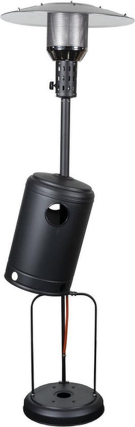 Zwarte Eurom THG terrasverwarmer met gebogen voet, geïsoleerd op een witte achtergrond.