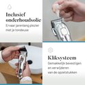 Tondeuse met onderhoudsolie en kliksysteem voor opzetstukken. Tekst: 'Inclusief onderhoudsolie' en 'Kliksysteem'.