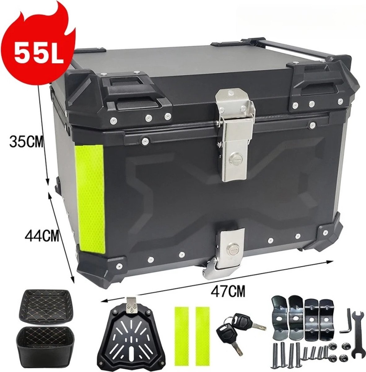 55L Aluminium Motorfiets Topkoffer - Zwart - Robuuste Opbergruimte voor Helm en Accessoires