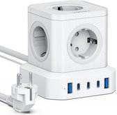 Voomy Cube 65W Stekkerdoos - 3 USB-C & 2 USB-A Poorten - 5 Stopcontacten - Aan / Uit schakelaar - Snellader voor Laptop, Telefoon & Tablet - Powercube - Oplader, Adapter, Verlengsnoer - Wit