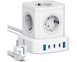 Voomy Cube 65W Stekkerdoos - 3 USB-C & 2 USB-A Poorten - 5 Stopcontacten - Aan / Uit schakelaar - Snellader voor Laptop, Telefoon & Tablet - Powercube - Oplader, Adapter, Verlengsnoer - Wit