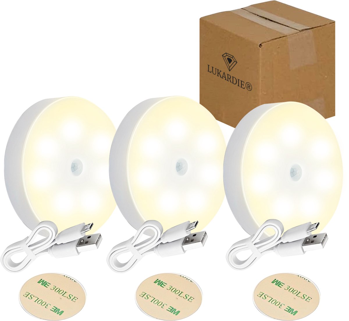 LUKARDIE® Draadloze ledlamp met Bewegingssensor – 3 stuks - 6000k Warm Wit licht – Draadloze wandlamp – Draadloze ledspot – Usb oplaadbaar – met Magneet