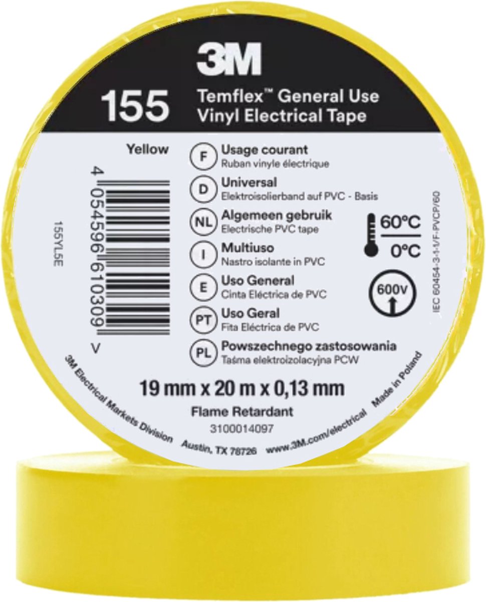 3M Isolatie Tape - 19mm breed - 0,127mm dik - 20 meter - Geel