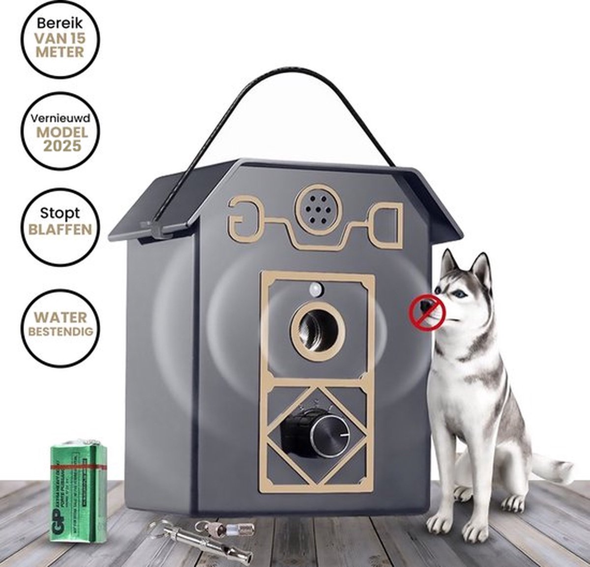 LotaHome - Anti Blaf Apparaat - Luxe Hondentrainer - Diervriendelijk - Zonder schok - Waterbestendig - Anti blafband voor alle honden - Instelbare Ultrasone Niveauregeling - 4 standen - Inclusief Hondenfluit, 9V Batterij en Bevestigingsmateriaal