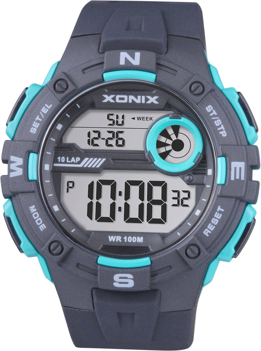 Xonix DAG-A05 - Horloge - Polshorloge - Digitaal - Heren - Mannen - Rond - Siliconen band - ABS-Kunststof - Achtergrondverlichting - Alarm - Start-Stop - Tweede tijdzone - Datumaanduiding - Waterdicht - Zwart - Turkoois Groen