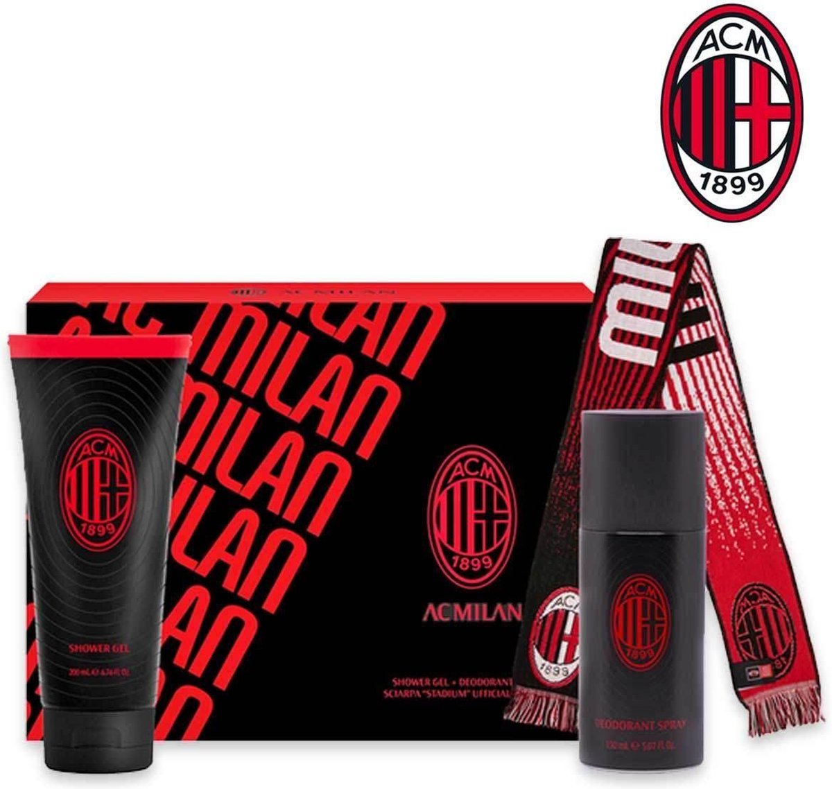 Goedkoopste Voetbalclub AC Milan Giftset met 200ml douchegel, 150 ml deodorant / bodyspray en de officiële Stadion Sjaal