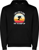 Zwarte unisex hoodie met “ Kleurrijke I ski like a girl try to keep up – Sneeuw – Wintersport “ Print Full Color Color merk Roly maat S