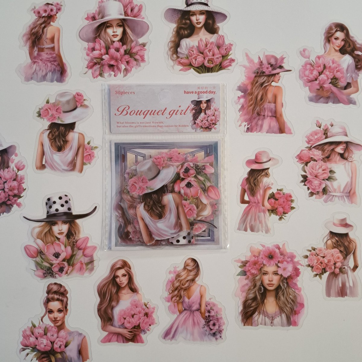 Bouquet girl stickers - transparante stickers - 30 stuks - Scrapbook - Bullet journal stickers - Roze - Bloemen - laptop stickers - Stickers volwassenen en kinderen