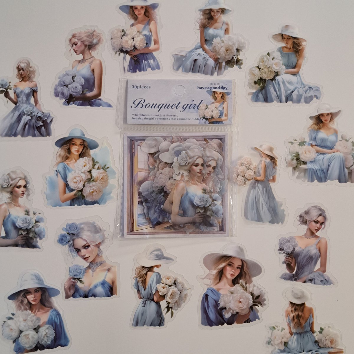 Bouquet girl stickers - transparante stickers - 30 stuks - Scrapbook - Bullet journal stickers - Blauw - Bloemen - laptop stickers - Stickers volwassenen en kinderen