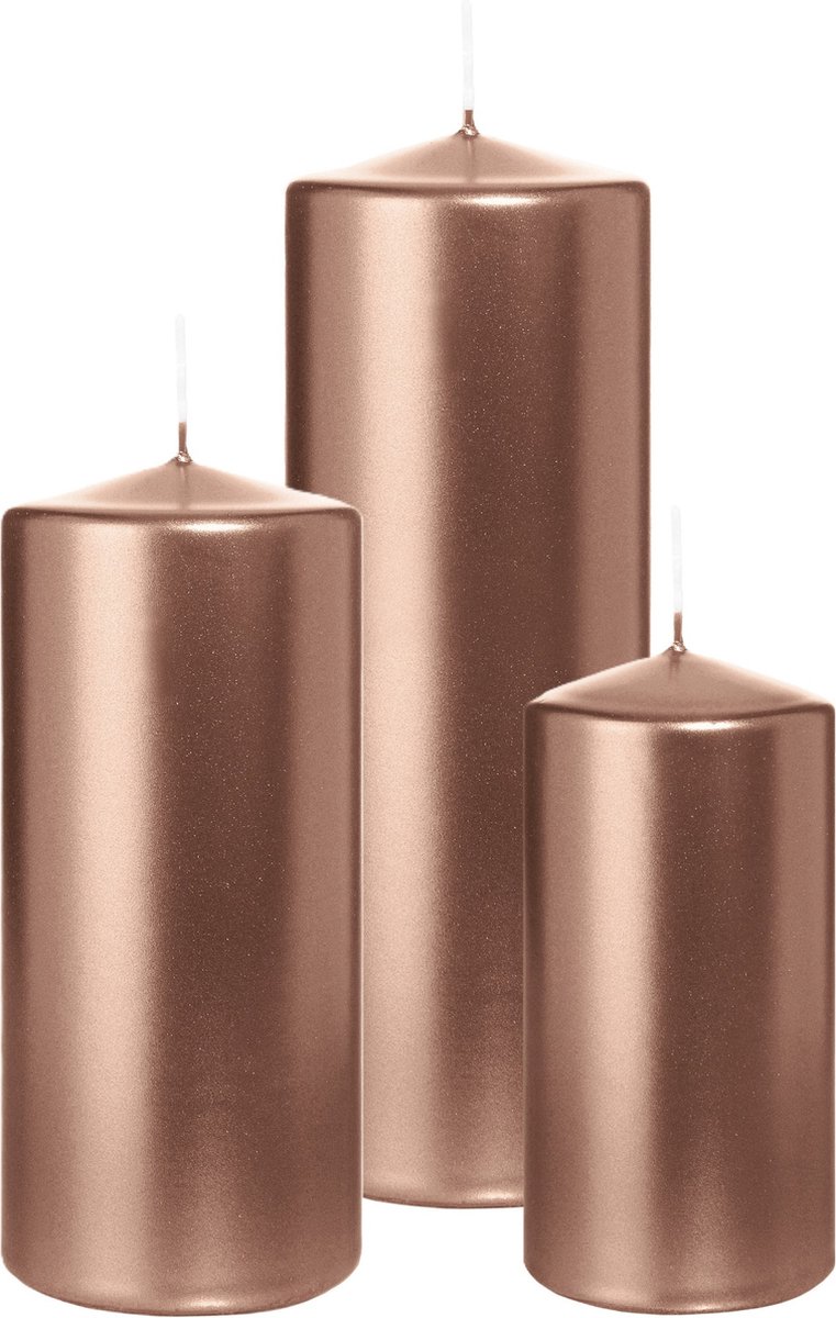 Wiedemann Cilinderkaarsen/stompkaarsen - set van 3 - metallic roségoud - 6x12/7x15/7x20 cm Rose goud